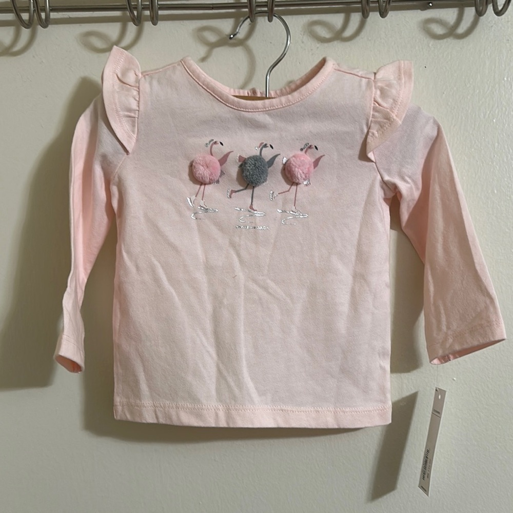 NWT Janie and Jack‎ Pink Pom Pom Flamingo Ruffle Long Sleeve Top 6-12 Months